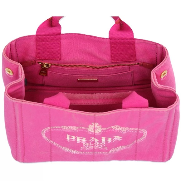 PRADA Canapa Small Canvas Tote Bag Pink Logo - Picture 5 of 10